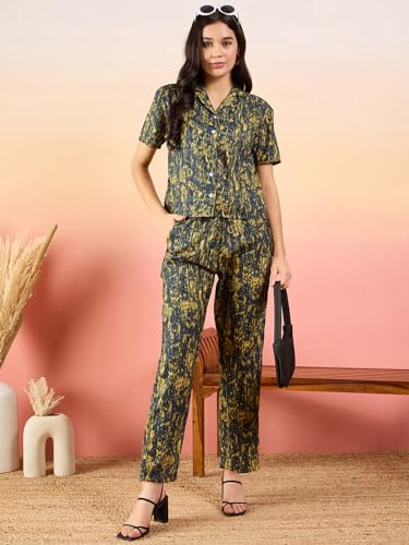 Pivl Women Shirt Pant Navy Abstract Print Co-Ord Set_2X-Large
