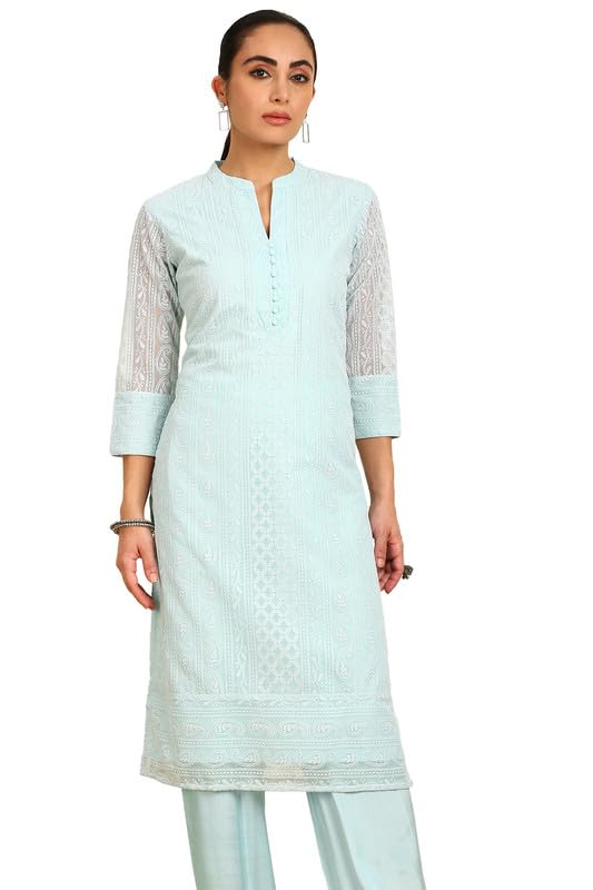 Soch Womens Powder Blue Paisley Embroidered Mandarin Collar Georgette Kurta