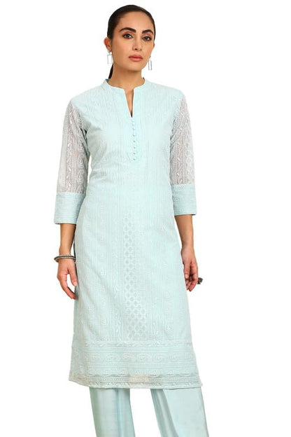 Soch Womens Powder Blue Paisley Embroidered Mandarin Collar Georgette Kurta