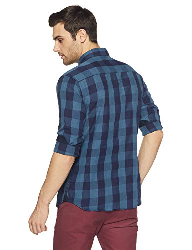 Campus Sutra Mens Navy Blue Checkered Button Up Shirt Regular Fit for Casual Wear | Structured Shirt Crafted with Regular Full