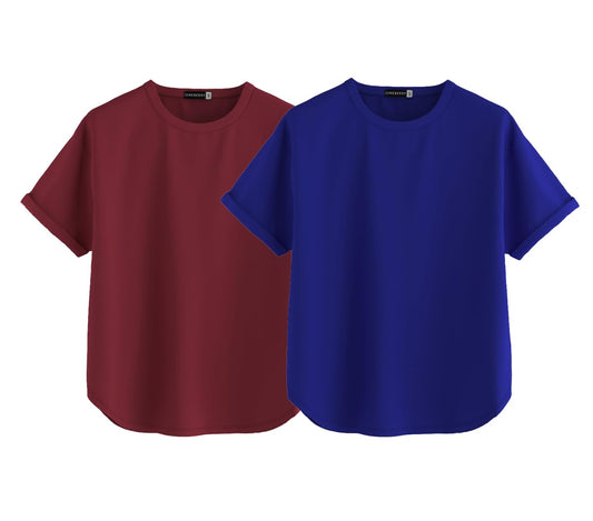 Juneberry Pure 100% Cotton Oversized Loose Baggy Fit Round Neck With Drop Shoulder Maroon & Royal Blue Half Sleeves Boyfriend T-