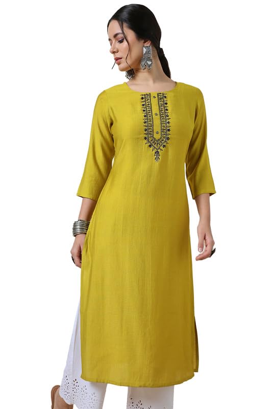 Soch Womens Mustard Yoke Design Viscose Blend Kurta With Cutdana