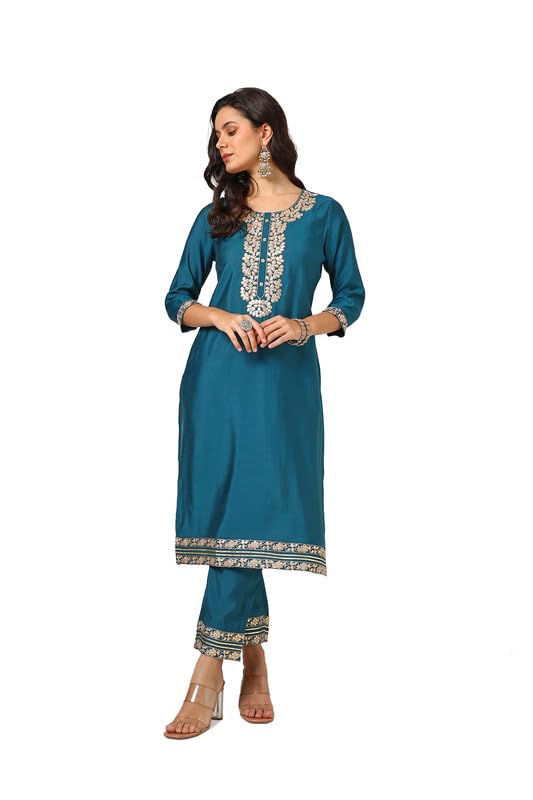 Soch Womens Teal Green Muslin Blend Embroidered Kurta Set With Gotta Patti