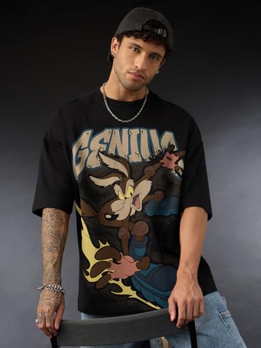 The Souled Store Looney Tunes: Skating Coyote Men and Boys Short Sleeves Round Neck Graphic Printed Distressed Oversized T-Shirt