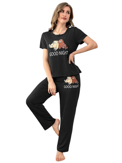SMOWKLY Womens Premium Cotton Blend Cute Print Two Piece Pj Sleepwear Co-ord Set || Stylish Top with Pajama Pant Comfy Loungwea