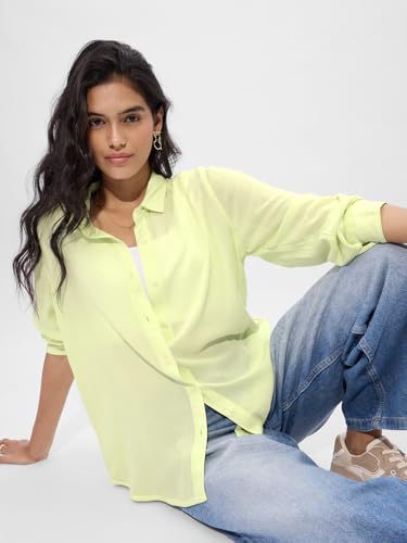 The Souled Store Textured Shirt: Light Lime Women and Girls Long Sleeve Collared Neck Button Down Boyfriend Shirts Womens Shirts