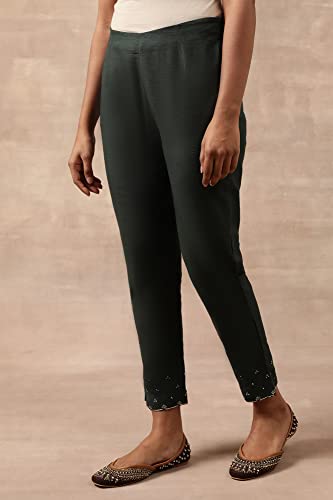 W for Woman Folksong Cotton Blend Strechable Slim Pants for Women | Cotton Blend Slim Pants for Women | Trousers for Women Green
