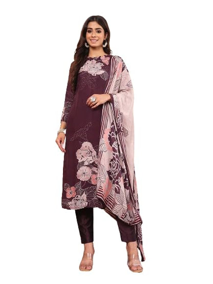 Varanga Women Pure Purple Floral Printed Kurta Set And Dupatta