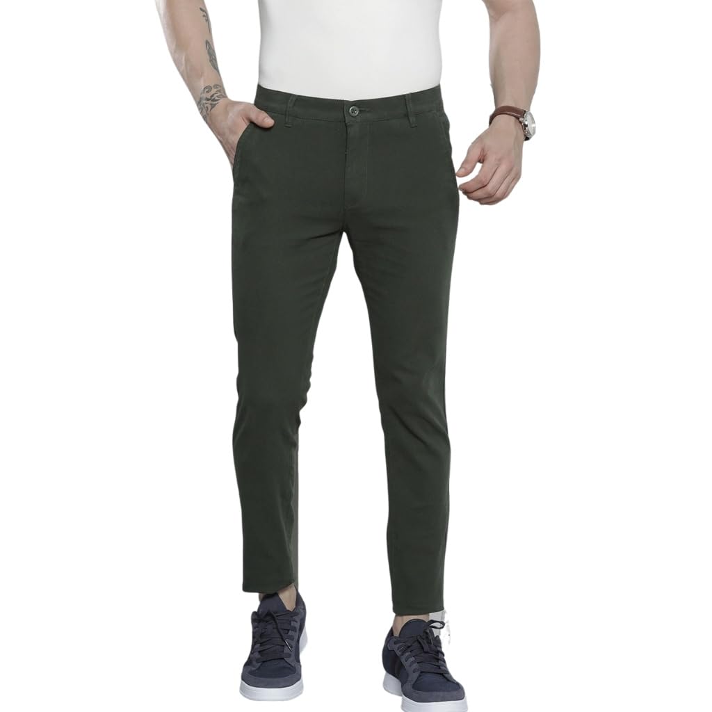 The Indian Garage Co Men Slim Fit Solid Mid-Rise Stretchable Chinos Jungle Green