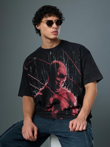 The Souled Store Daredevil: Red Rain Men and Boys Short Sleeves Round Neck Black Printed Cotton Oversized T-Shirts
