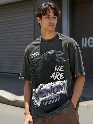 Bewakoof Official Marvel Merchandise Venom Mens Graphic Print Oversized Fit Half Sleeve Round Neck Cotton Acid Wash T-Shirt_652