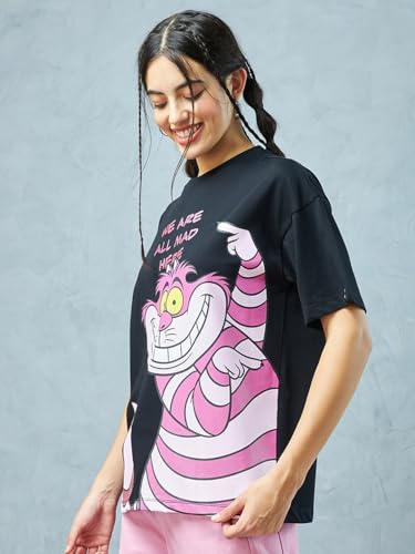 Bewakoof Official Disney Merchandise Womens Graphic Printed Oversized Fit Half Sleeve Round Neck 100% Cotton T-Shirt_ 615054 Bl