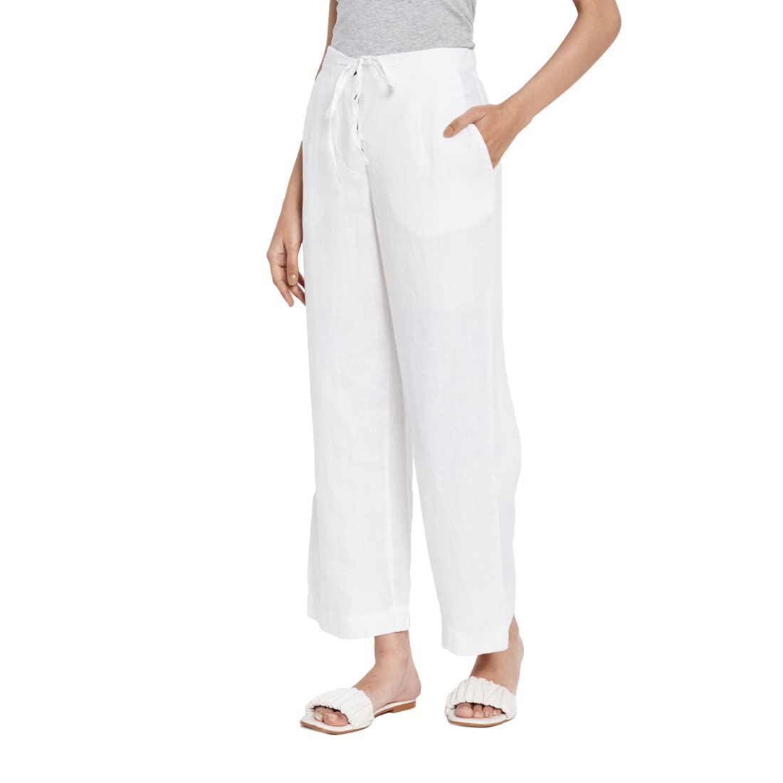Fabindia Women Drawstring Casual Pant Linen_M White