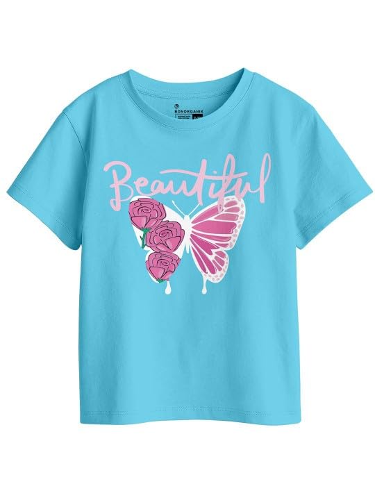 Bon Organik Girls Regular Fit T-Shirt (BON11926_Sky Blue