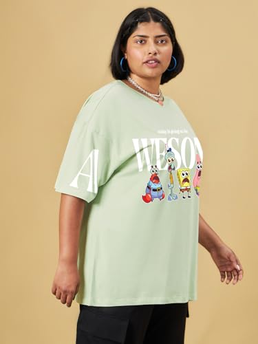 Bewakoof Official Spongebob Merchandise Women Graphic Print Oversized Fit Half Sleeve Round Neck Cotton Jersey Plus Size Tshirt_