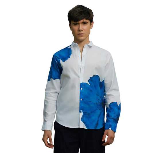 Campus Sutra Mens Royal Blue Primrose Flora Shirt for Casual Wear | Spread Collar | Long Cuffed Sleeves | Button Closure | Shir