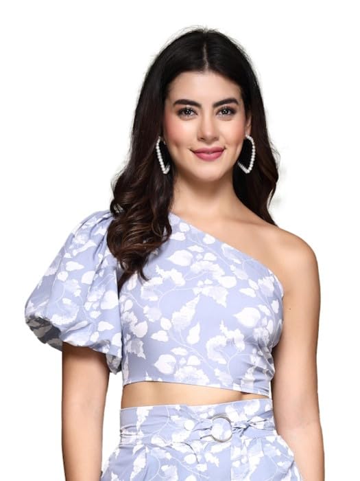 OOMPH! One Shoulder Crepe Crop Top, Grey, mt990