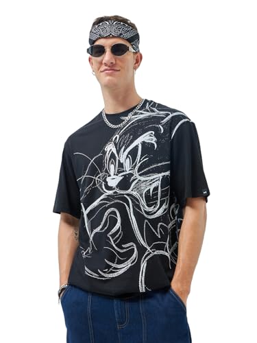 Bewakoof Official Tom & Jerry Merchandise Mens Graphic Printed Oversized Fit Half Sleeve Round Neck Cotton Jersey T-Shirt_ 6045