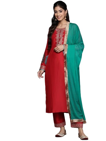 Varanga Women Red Embroidered Straight Kurta Paired With Tonal Bottom And Contrast Dupatta With Four Sided Fringes