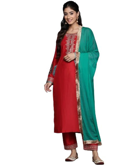 Varanga Women Red Embroidered Straight Kurta Paired With Tonal Bottom And Contrast Dupatta With Four Sided Fringes