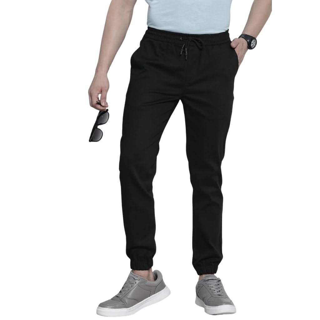 The Indian Garage Co Men Slim Fit Solid Mid-Rise Stretchable Chino Joggers Black
