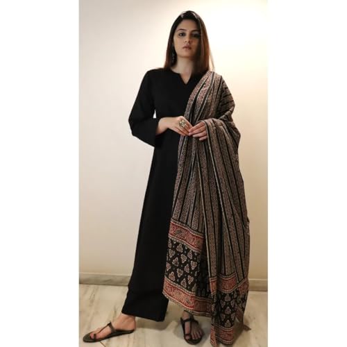 GoSriKi Women's Anarkali Kurta Set, Rayon Viscose, Black, Large, Model: Avantika Black-GS, Includes Pants & Dupatta