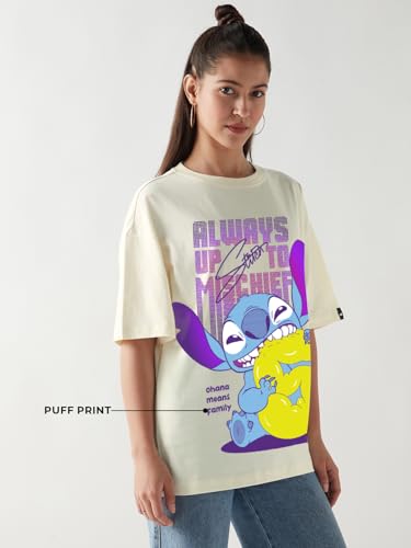 Bewakoof Official Disney Merchandise Stitch Women Graphic Print Oversized Fit Half Sleeve Round Neck Cotton Jersey T-Shirt_65473