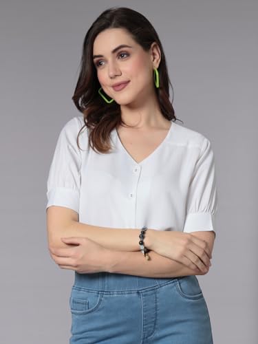 Style Quotient Women Solid White Polyester Smart Casual Shirt