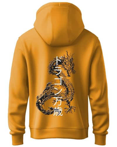 ADRO Mens Hoodies with Hail The Dragon Puff Backside Printed, 100% Cotton 340GSM. (H23-M-DRA-MU_Mustard_XL)