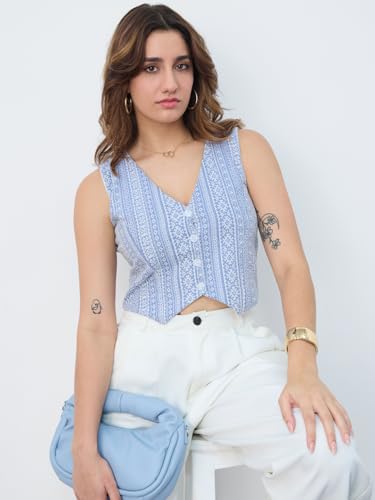 The Souled Store Linen Blend Vest: Aztec Women and Girls V Neck Sleeveless Button Front Blue Printed Polyester Blend Regular Fit