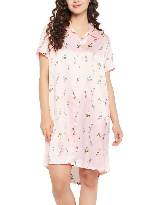 Clovia Womens Satin Floral Print Short Night Dress in Pink (NS1244A22_Pink_M)