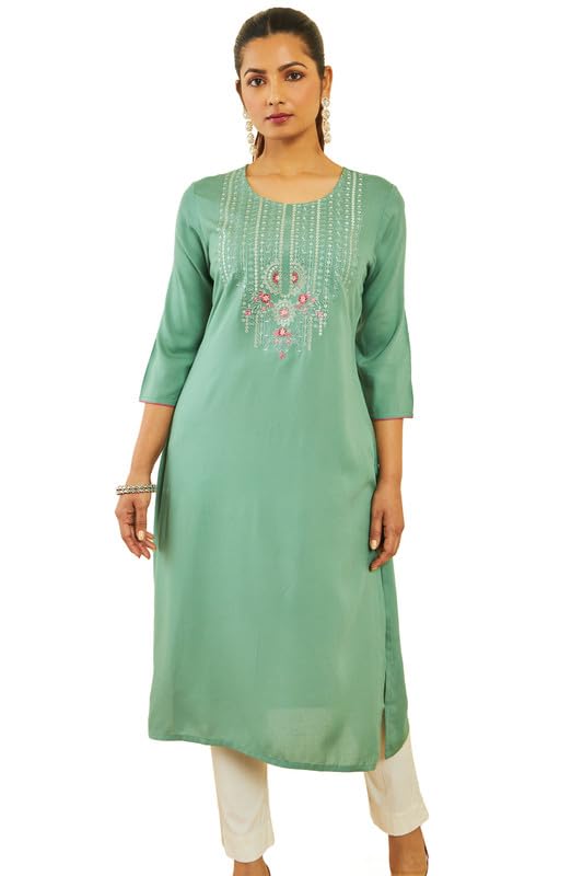 Soch Womens Green Rayon Floral Embroidered Round-Neck Straight Kurta