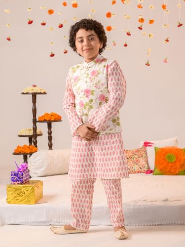 Pspeaches Boys Floral Printed Regular Pure Cotton Kurta With Pyjamas And Nehru Jaket