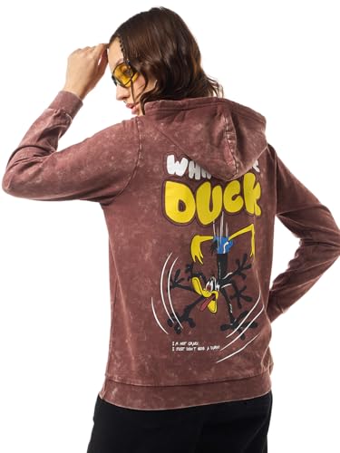 Bewakoof Official Dc Merchandise Daffy Duck WomenS Graphic Printed Regular Fit Full Sleeve Fleece Hoodies_625439_Maroon_L