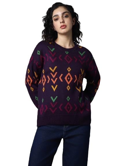 High Star WomenS Acrylic Round Neck Pullover Sweater (Hswsww23001_Mc1_Multicolored1 Purple