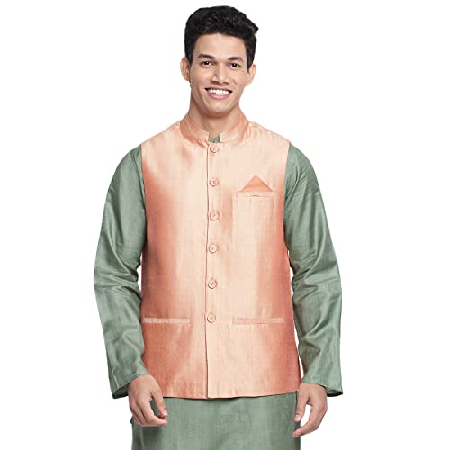 Fabindia Men Viscose Silk Woven Nehru Jacket Gold_L