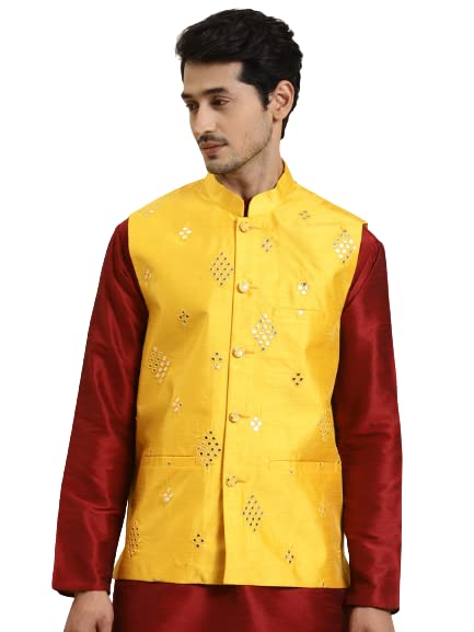 Sojana (Since 1958) Men's Silk Blend Black Mirror Work ONLY Nehru Jacket