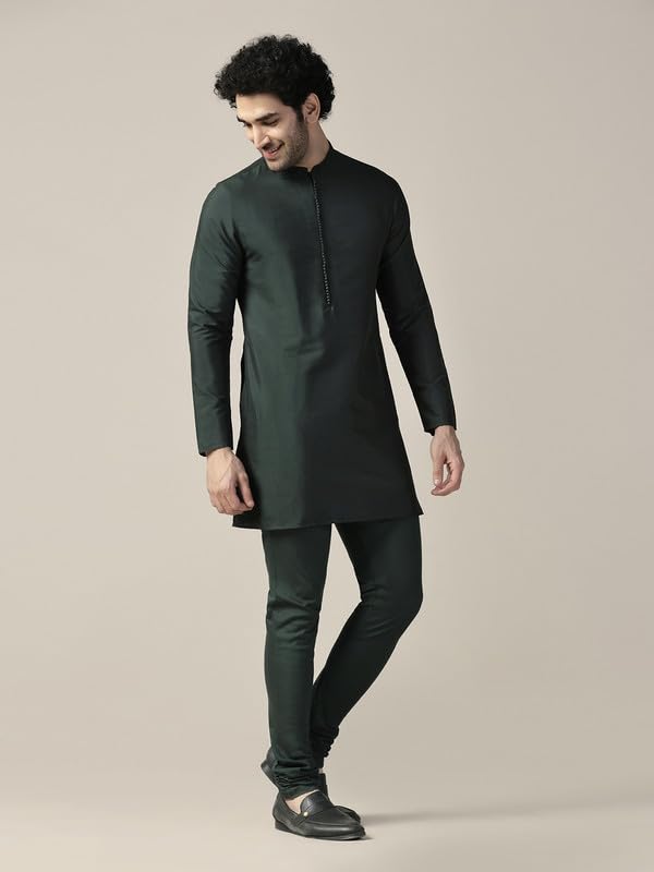Kisah MenS Kurta, Bottle Green Cotton Blend, Solid Regular Fit Mandarin Collar Long Sleeves (42)