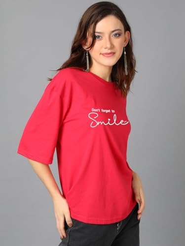 KOTTY Womens Printed, Typography Round Neck Cotton Blend 3/4 Sleeve T-Shirt(Red,XL)