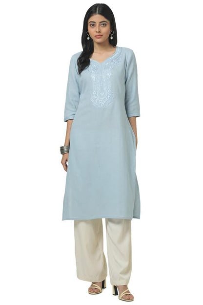 Soch Womens Powder Blue Cotton Embroidered Kurta With Thread Work