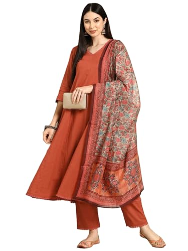 GoSriKi Womens Cotton Blend Anarkali Printed Kurta with Pant & Dupatta (UTSAV Peach-GS_XXL_Peach_XX-Large)