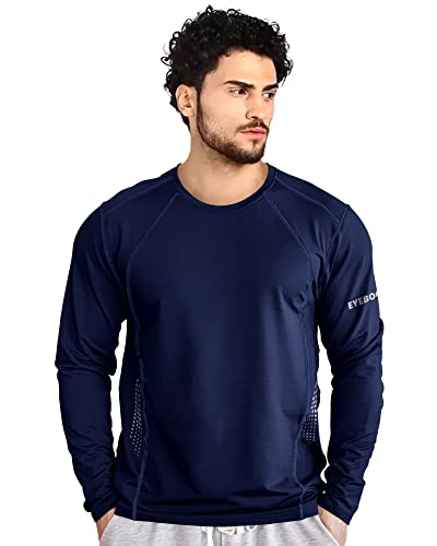 EYEBOGLER Mens Dry Fit Round Neck Full Sleeve Casual Tshirt Navy Blue