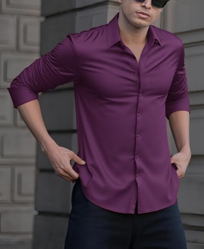 Indoprimo MenS Casual Button Down Long Sleeve Satin Plain Shirt Wine