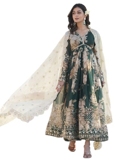 Fashion Basket Havy Silk Printed Anarkali Kurta Set For Women Green