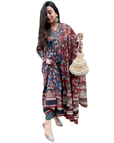 ANNI DESIGNER Womens Rayon Blend Printed Anarkali Kurta with Pant & Dupatta (SVR RED_M_Red_Medium)