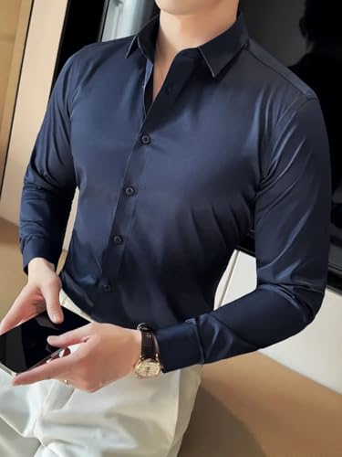 Indoprimo MenS Premium Solid Satin Casual Party Shirt Full Sleeve Navy