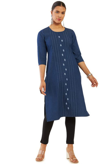 Soch Women Blue Cotton Blend Straight Kurta With Embroidered Motifs And Stripes