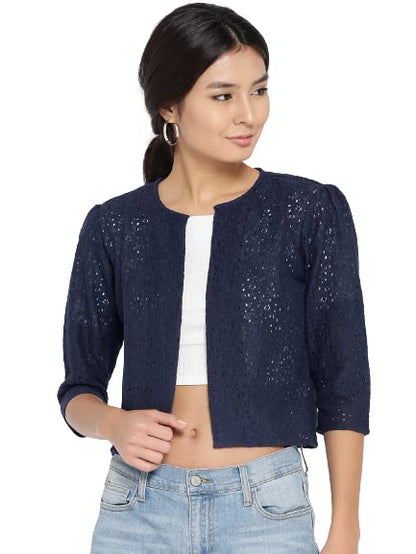 Style Quotient Women Navy Self Design Floral lace Regular Open Front Shrug