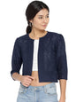 Style Quotient Women Navy Self Design Floral lace Regular Open Front Shrug