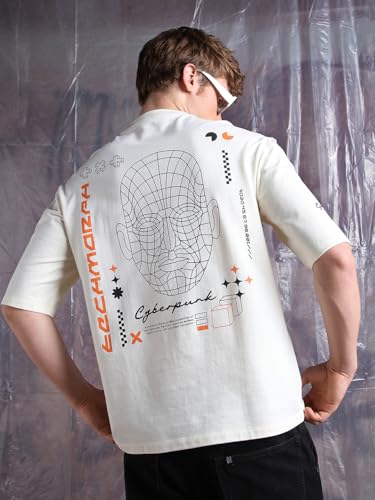 Hubberholme Men Printed Oversized Round Neck Half Sleeves Tshirts 33 Off-White